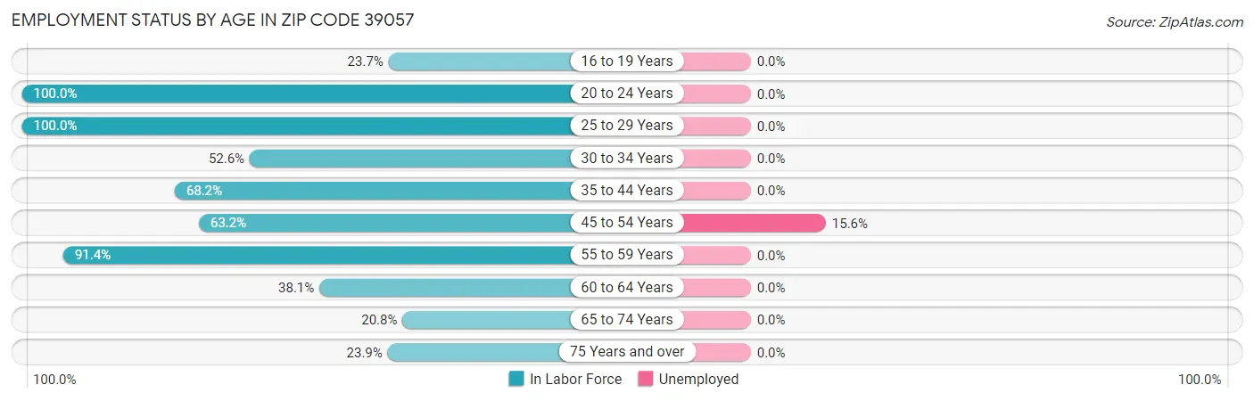 Employment Status by Age in Zip Code 39057
