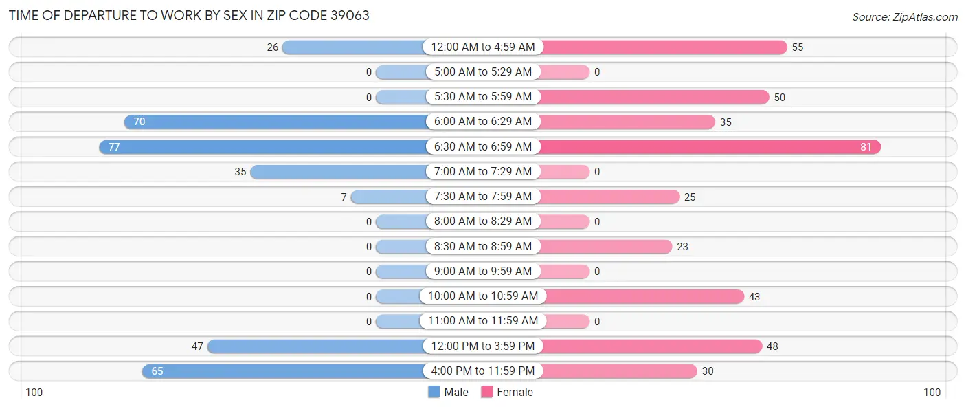 Time of Departure to Work by Sex in Zip Code 39063