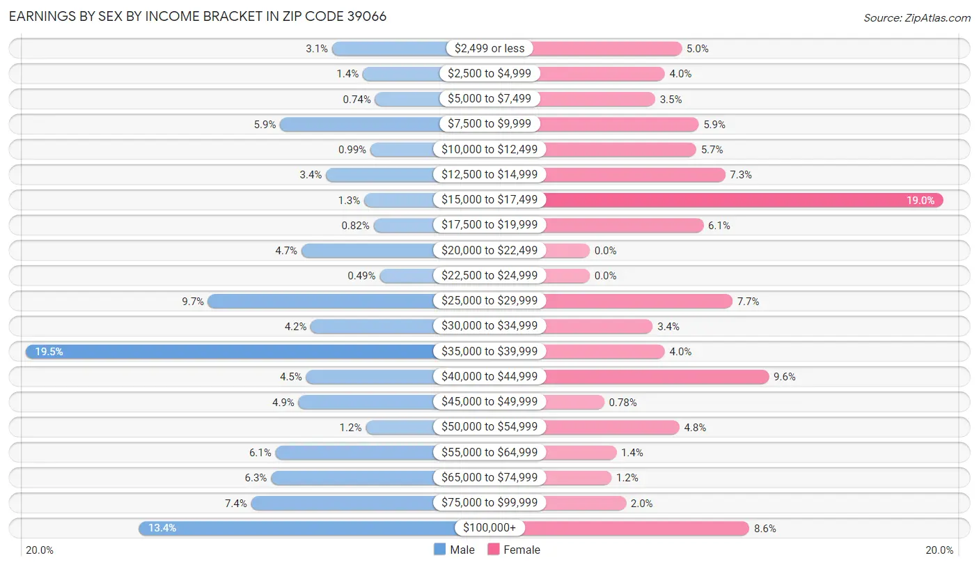 Earnings by Sex by Income Bracket in Zip Code 39066