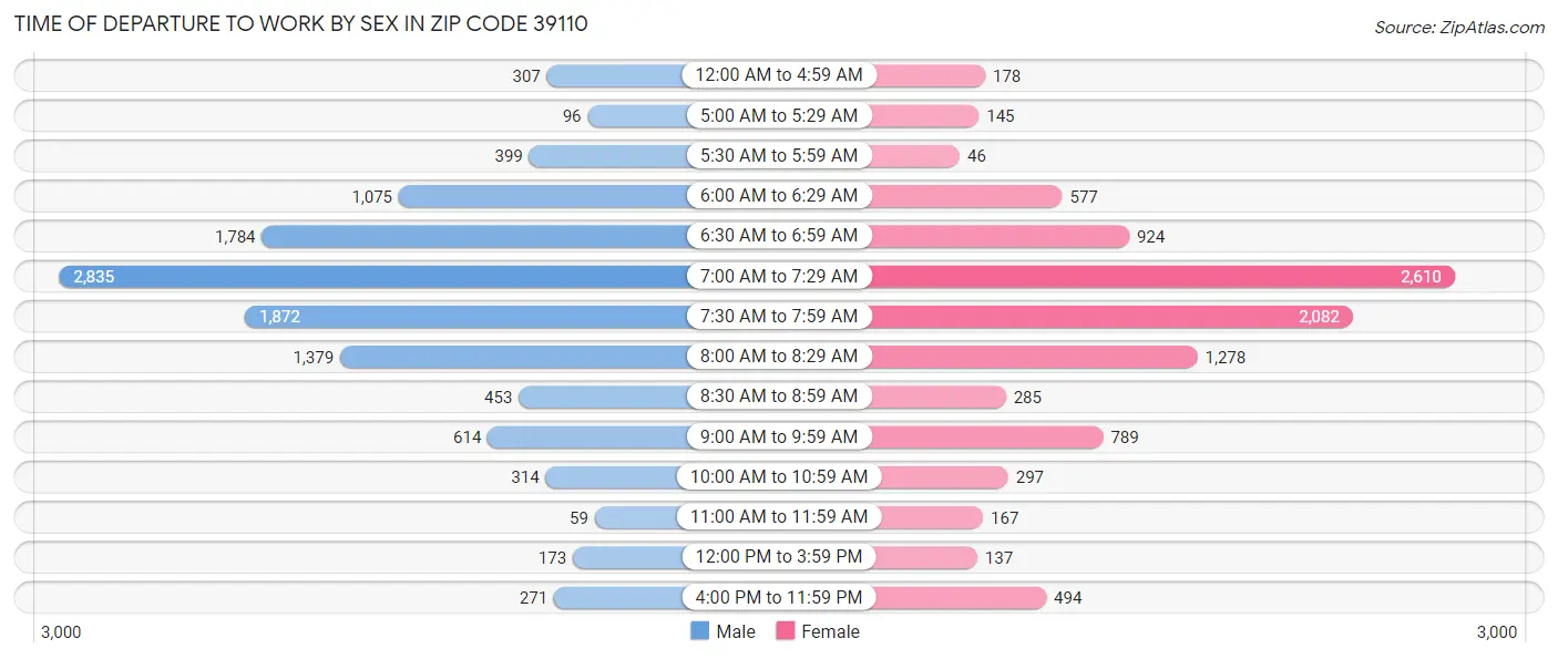 Time of Departure to Work by Sex in Zip Code 39110