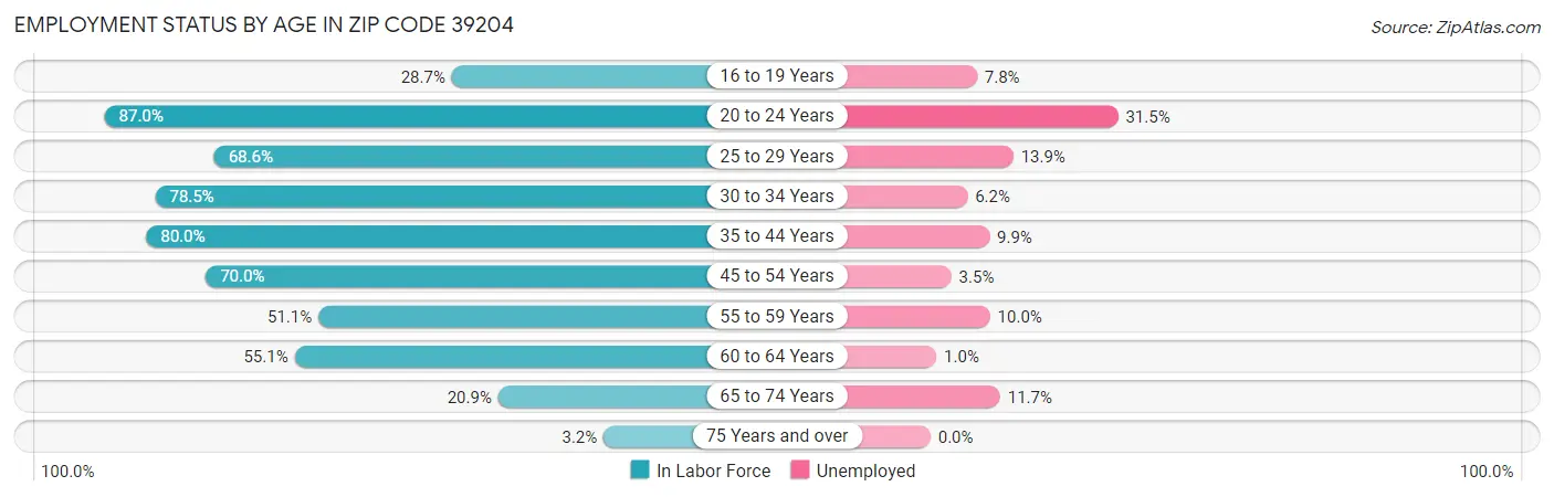 Employment Status by Age in Zip Code 39204