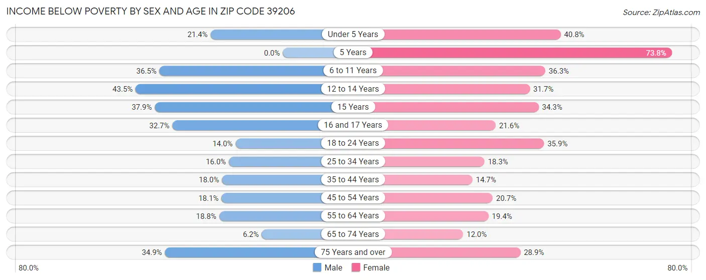 Income Below Poverty by Sex and Age in Zip Code 39206