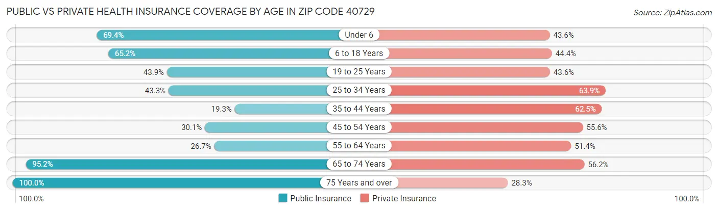 Public vs Private Health Insurance Coverage by Age in Zip Code 40729