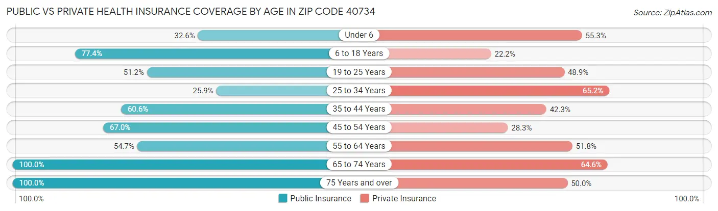 Public vs Private Health Insurance Coverage by Age in Zip Code 40734