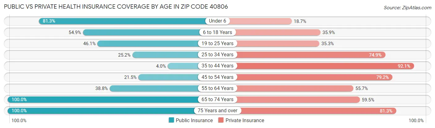 Public vs Private Health Insurance Coverage by Age in Zip Code 40806
