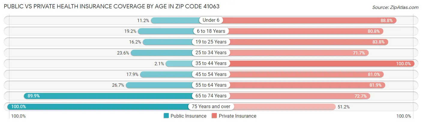 Public vs Private Health Insurance Coverage by Age in Zip Code 41063