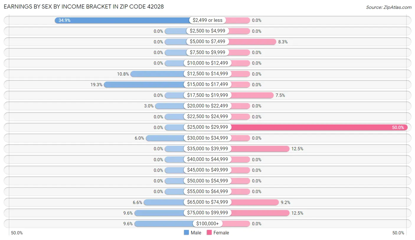 Earnings by Sex by Income Bracket in Zip Code 42028