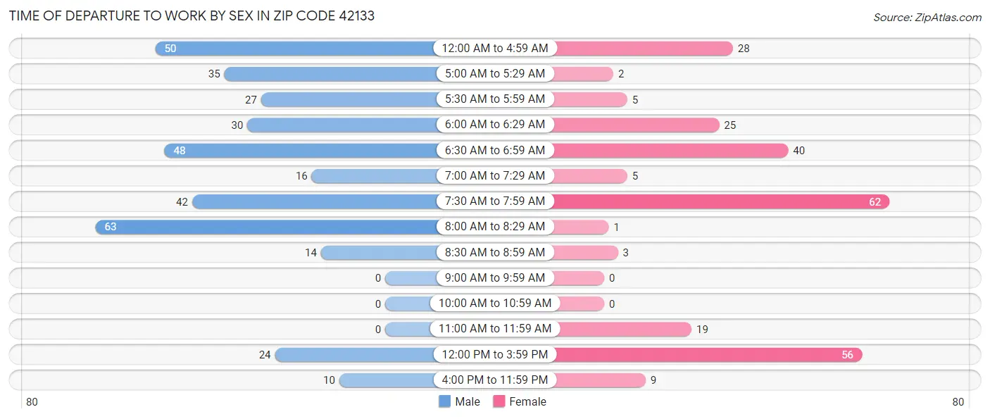 Time of Departure to Work by Sex in Zip Code 42133