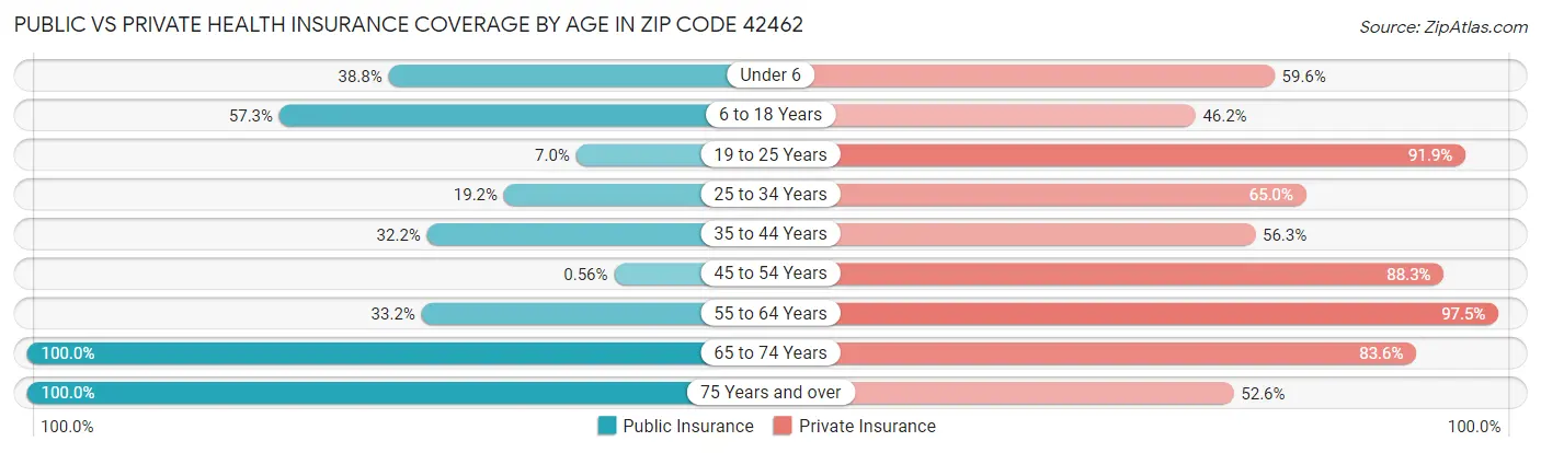 Public vs Private Health Insurance Coverage by Age in Zip Code 42462