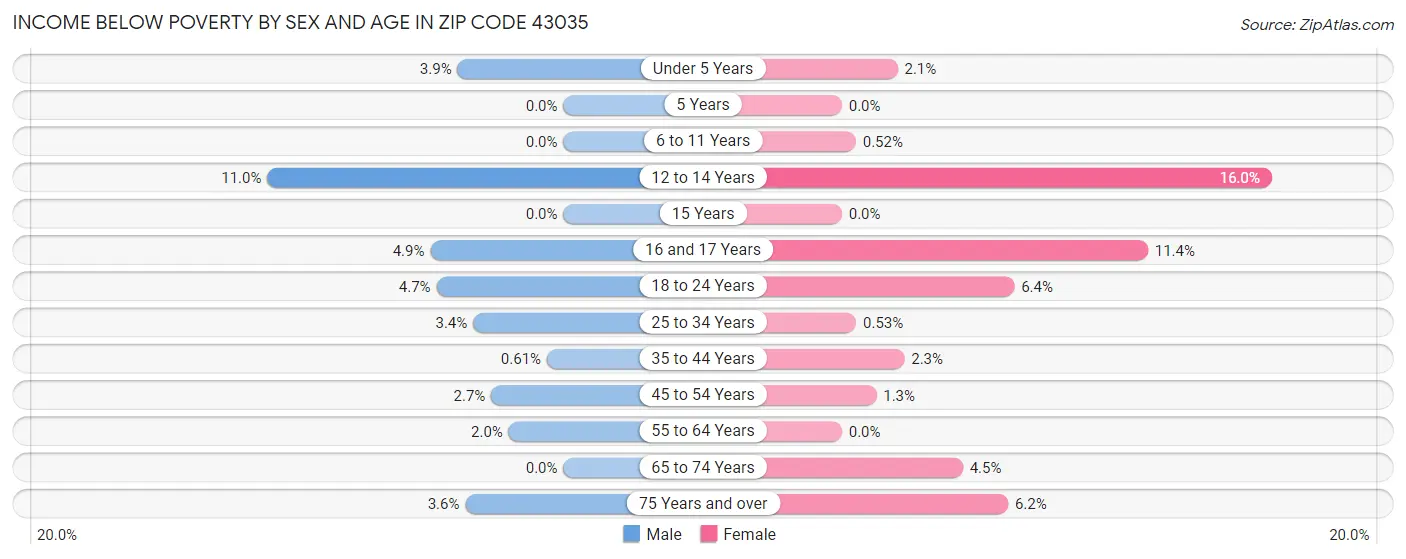 Income Below Poverty by Sex and Age in Zip Code 43035