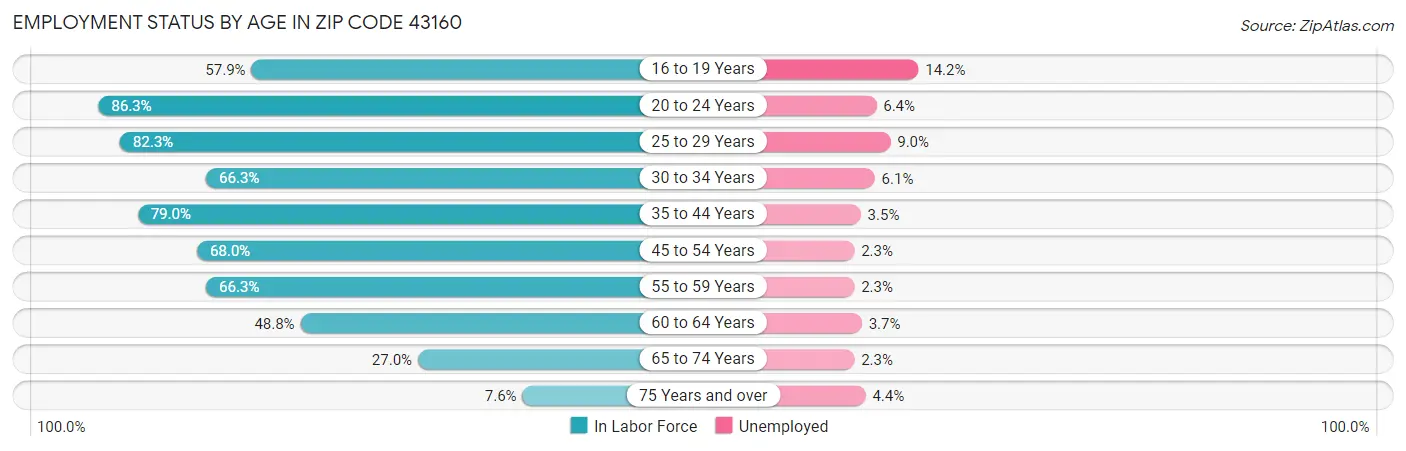 Employment Status by Age in Zip Code 43160