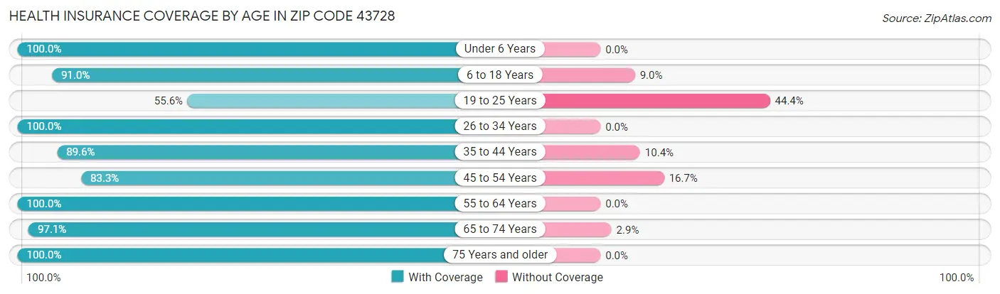 Health Insurance Coverage by Age in Zip Code 43728