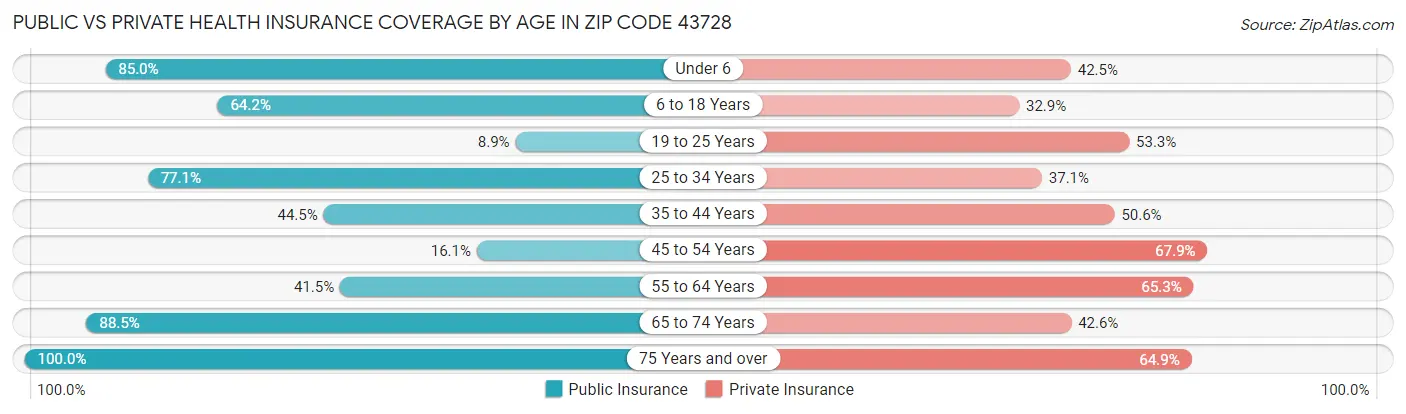 Public vs Private Health Insurance Coverage by Age in Zip Code 43728
