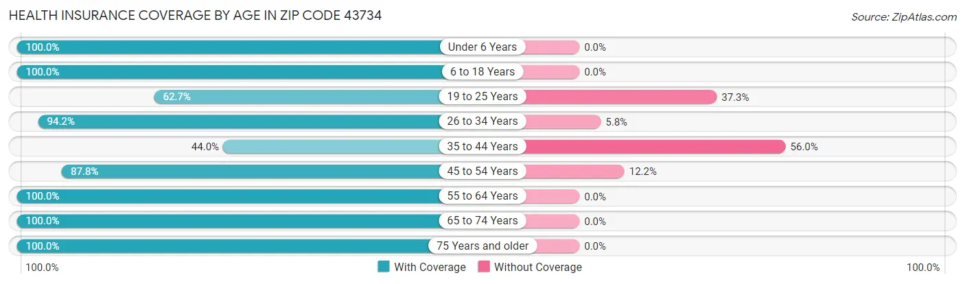 Health Insurance Coverage by Age in Zip Code 43734
