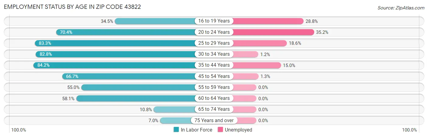 Employment Status by Age in Zip Code 43822