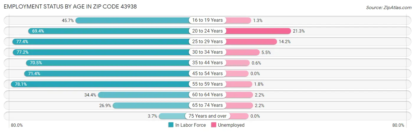 Employment Status by Age in Zip Code 43938
