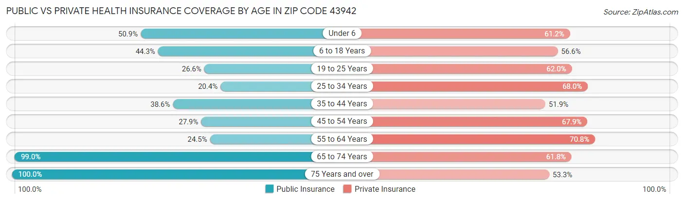 Public vs Private Health Insurance Coverage by Age in Zip Code 43942