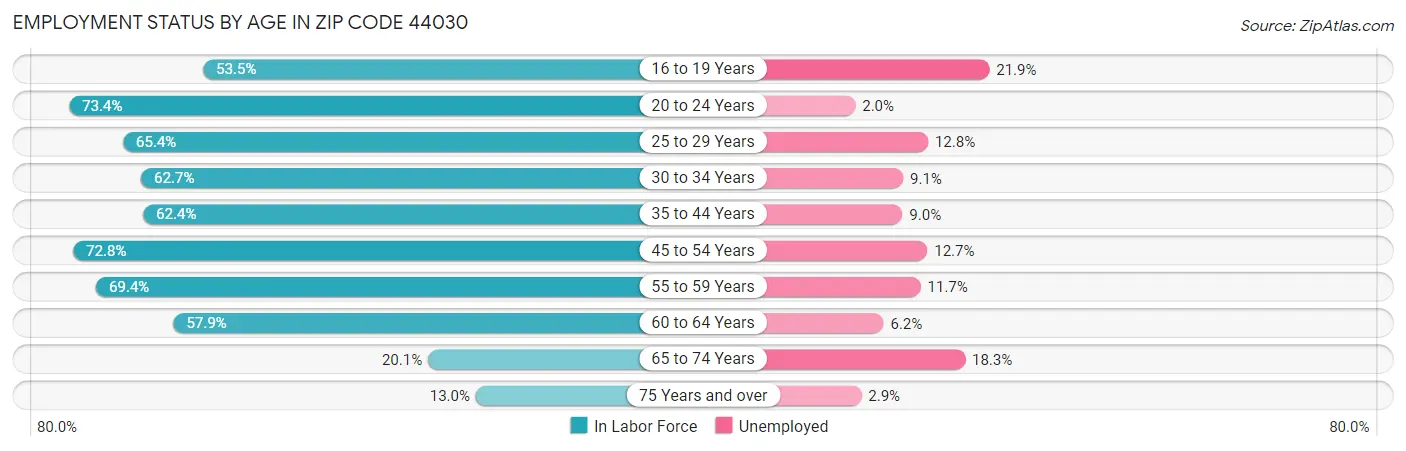 Employment Status by Age in Zip Code 44030