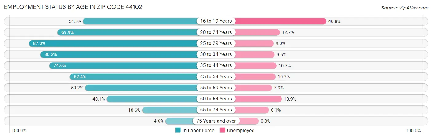 Employment Status by Age in Zip Code 44102