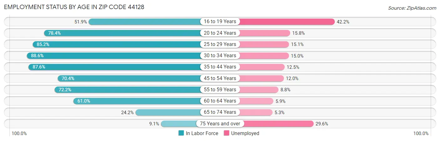 Employment Status by Age in Zip Code 44128