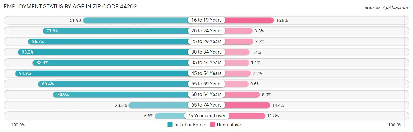 Employment Status by Age in Zip Code 44202