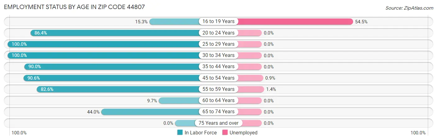 Employment Status by Age in Zip Code 44807