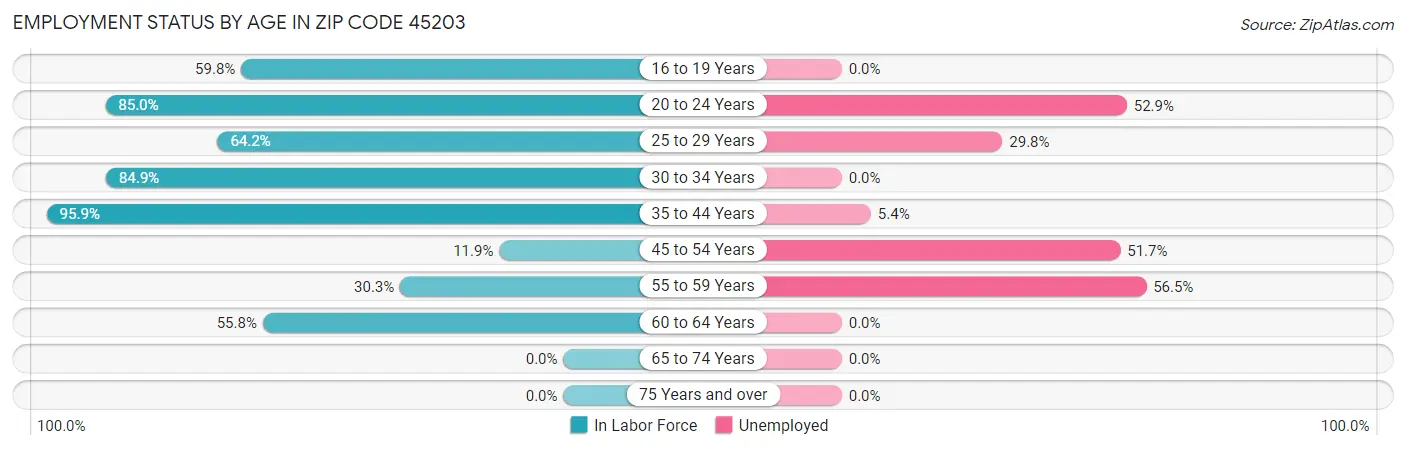 Employment Status by Age in Zip Code 45203