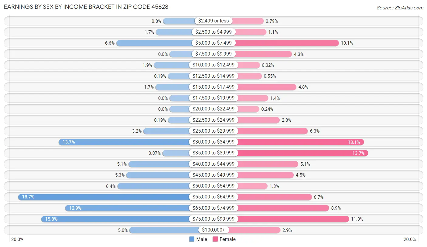 Earnings by Sex by Income Bracket in Zip Code 45628