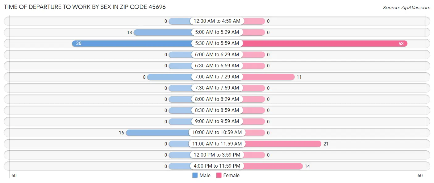 Time of Departure to Work by Sex in Zip Code 45696