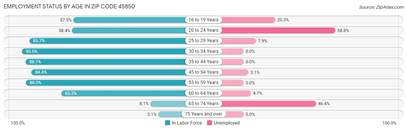 Employment Status by Age in Zip Code 45850