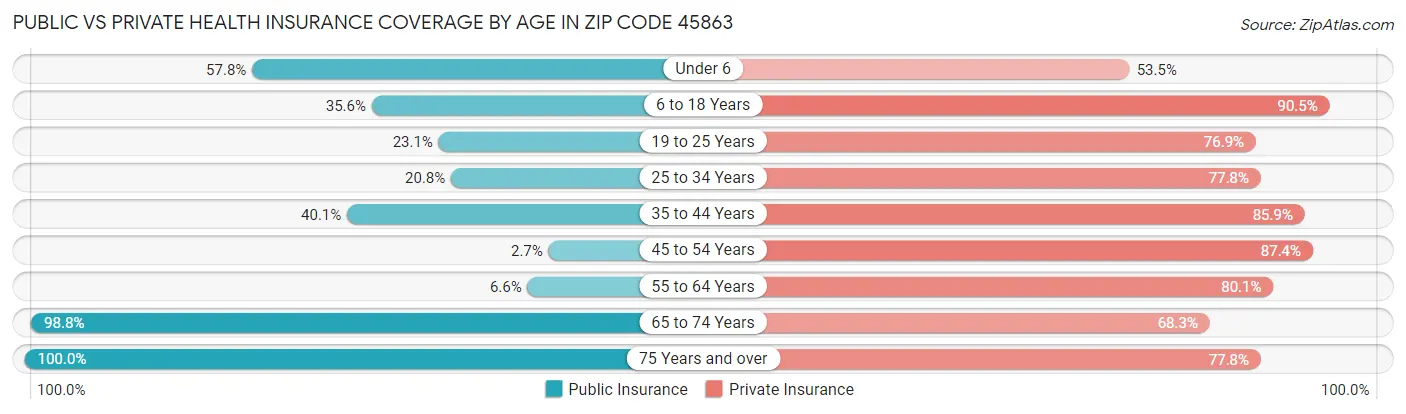 Public vs Private Health Insurance Coverage by Age in Zip Code 45863