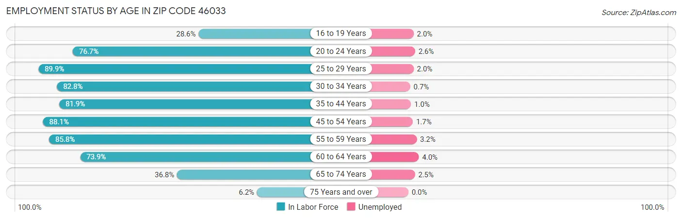 Employment Status by Age in Zip Code 46033