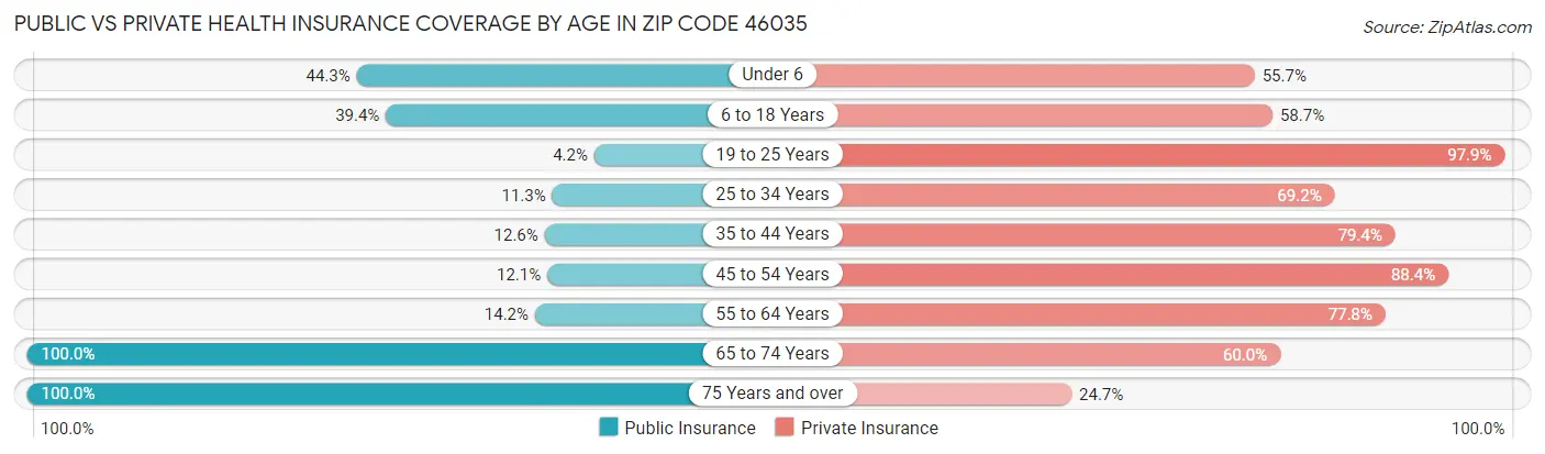 Public vs Private Health Insurance Coverage by Age in Zip Code 46035