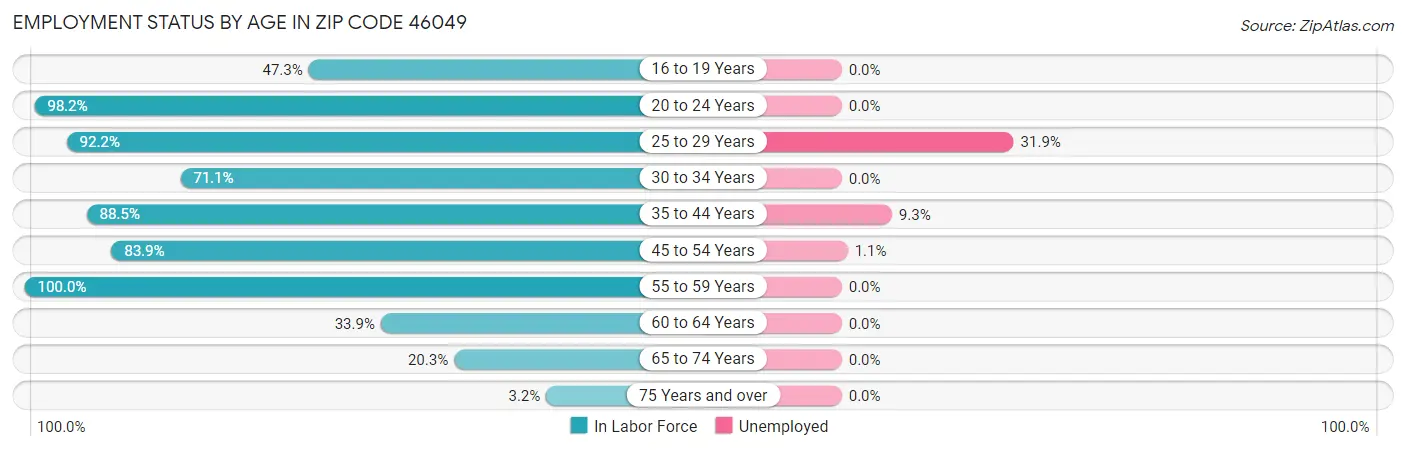 Employment Status by Age in Zip Code 46049