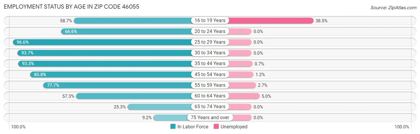 Employment Status by Age in Zip Code 46055