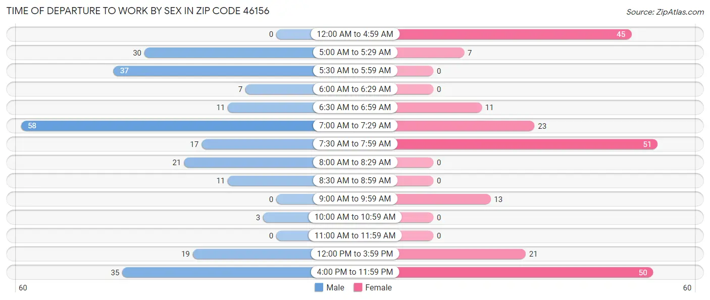 Time of Departure to Work by Sex in Zip Code 46156