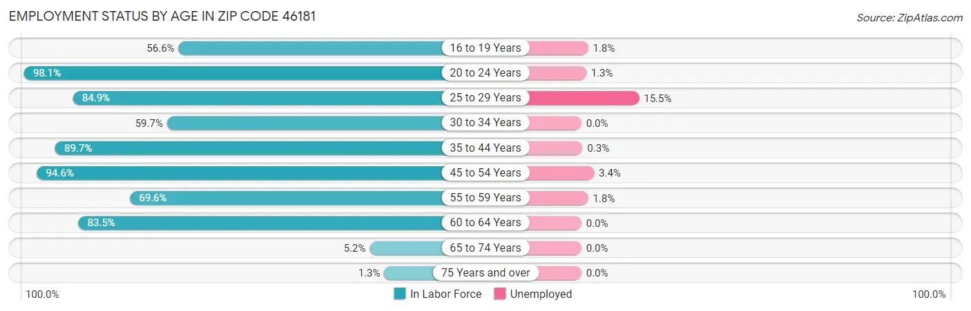 Employment Status by Age in Zip Code 46181