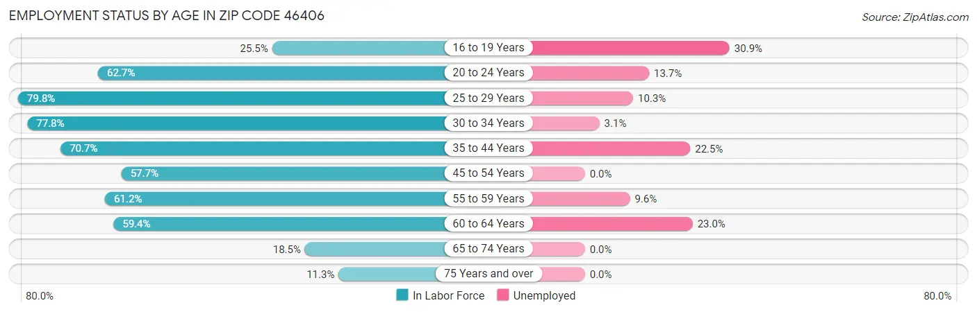 Employment Status by Age in Zip Code 46406