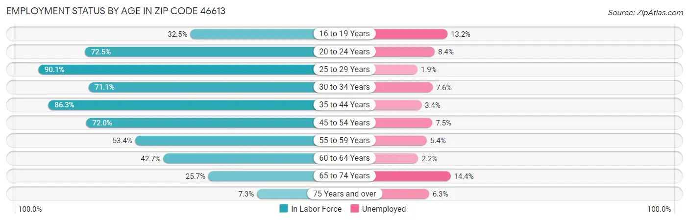 Employment Status by Age in Zip Code 46613
