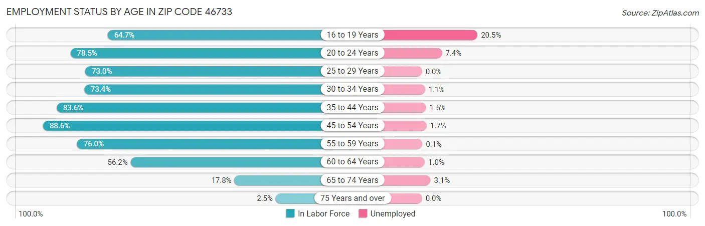 Employment Status by Age in Zip Code 46733