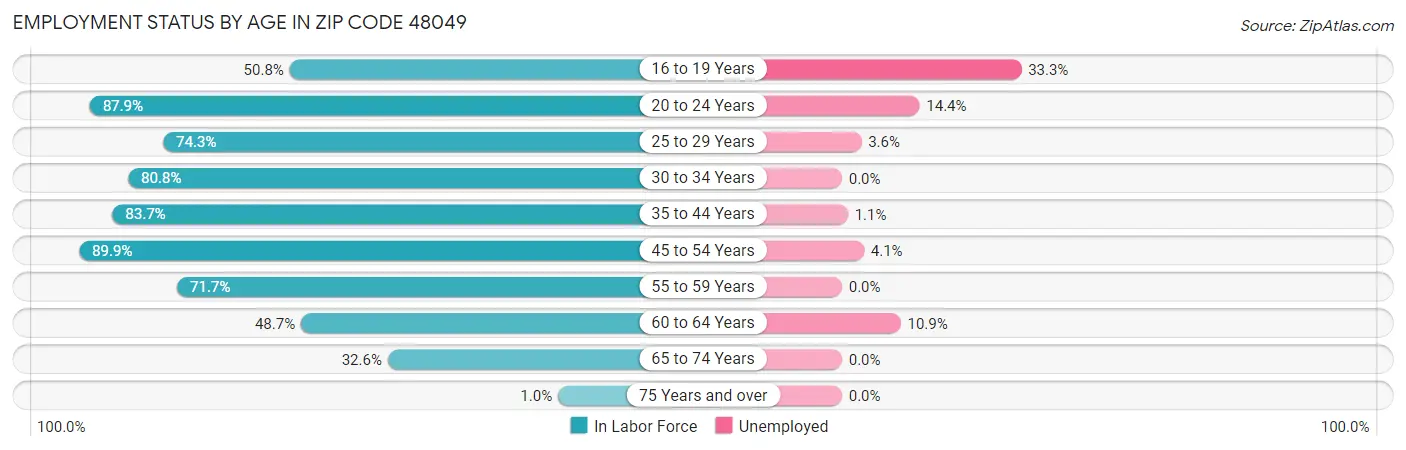 Employment Status by Age in Zip Code 48049