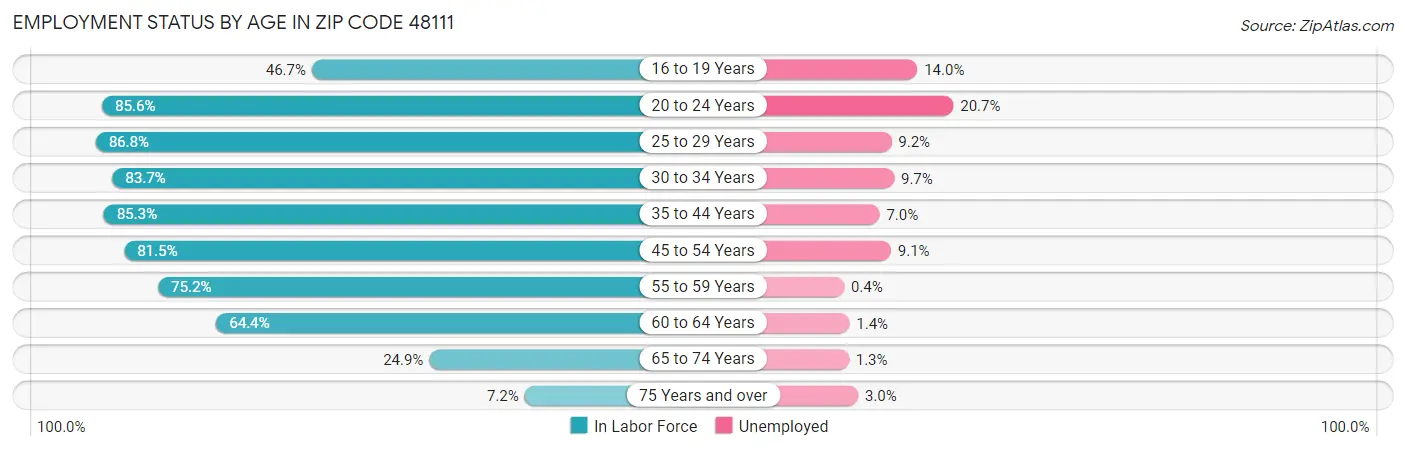 Employment Status by Age in Zip Code 48111