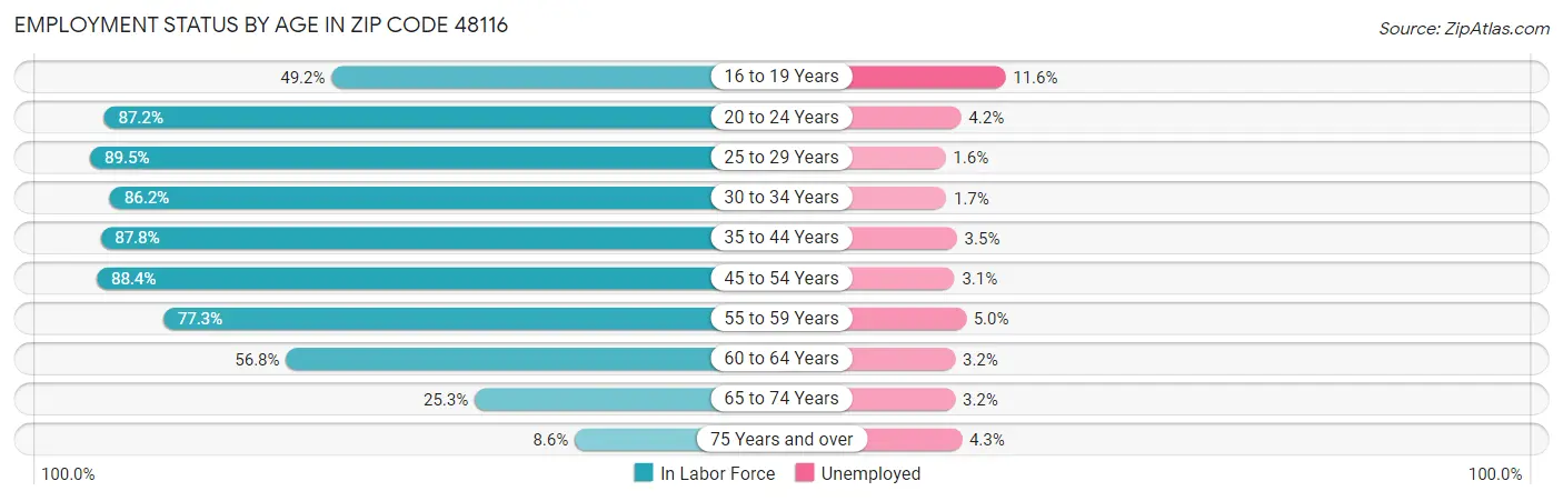 Employment Status by Age in Zip Code 48116