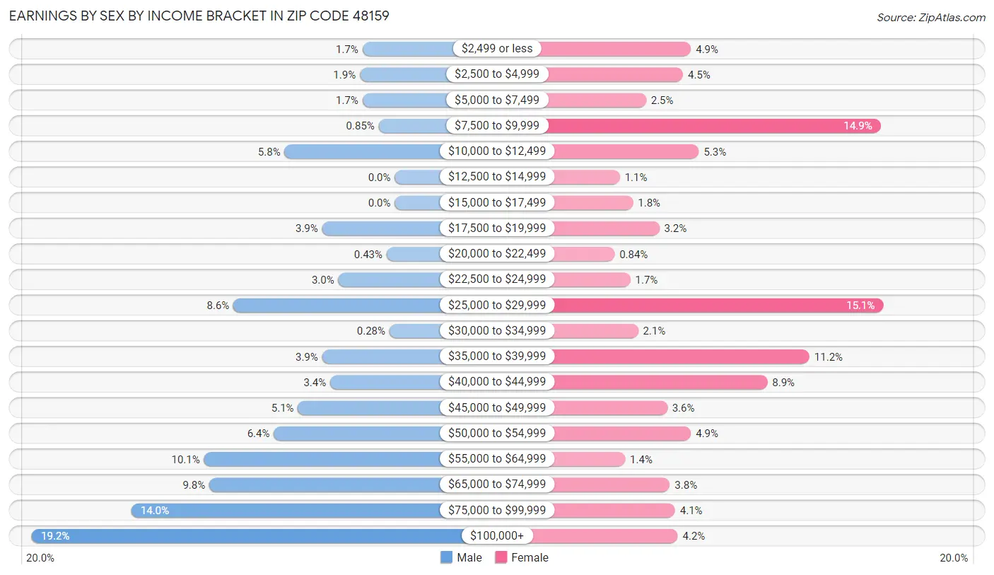 Earnings by Sex by Income Bracket in Zip Code 48159