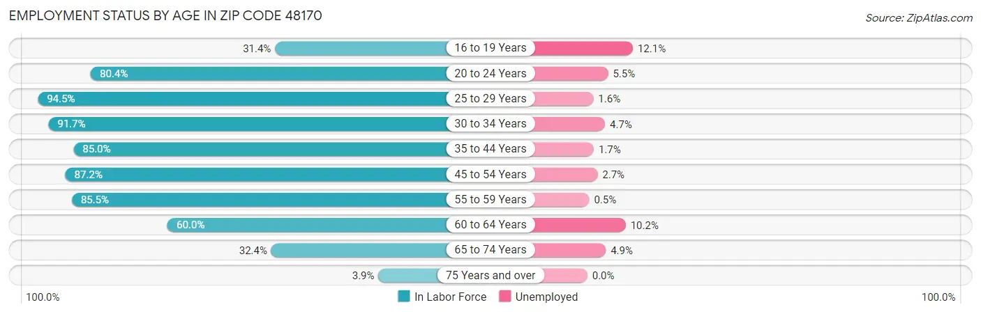 Employment Status by Age in Zip Code 48170