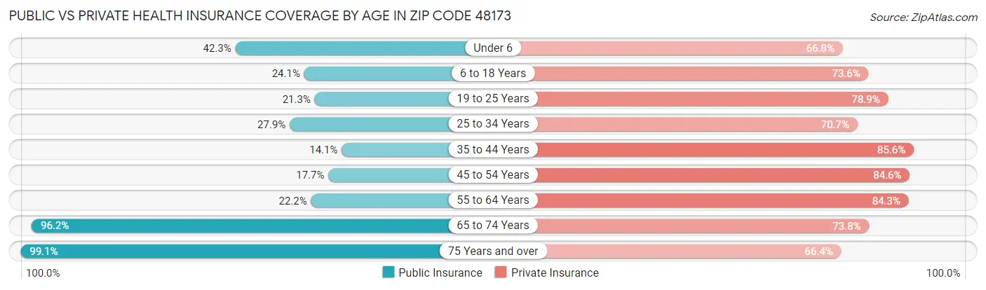Public vs Private Health Insurance Coverage by Age in Zip Code 48173