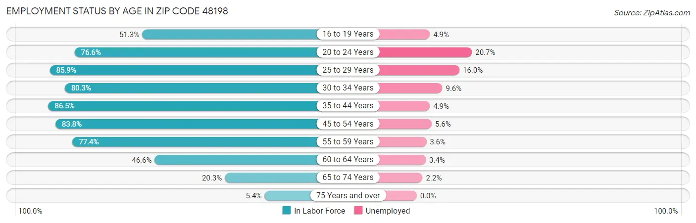 Employment Status by Age in Zip Code 48198