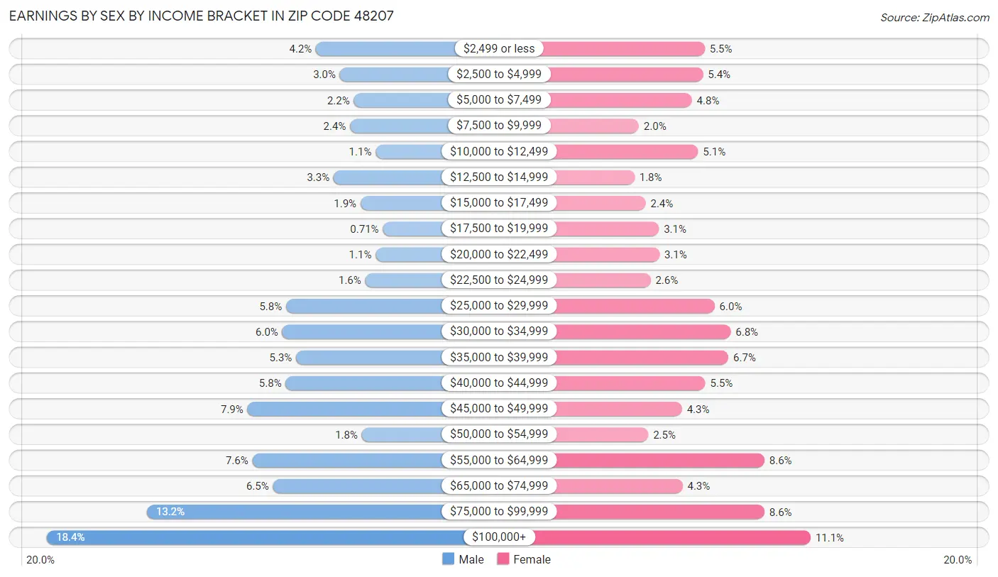 Earnings by Sex by Income Bracket in Zip Code 48207