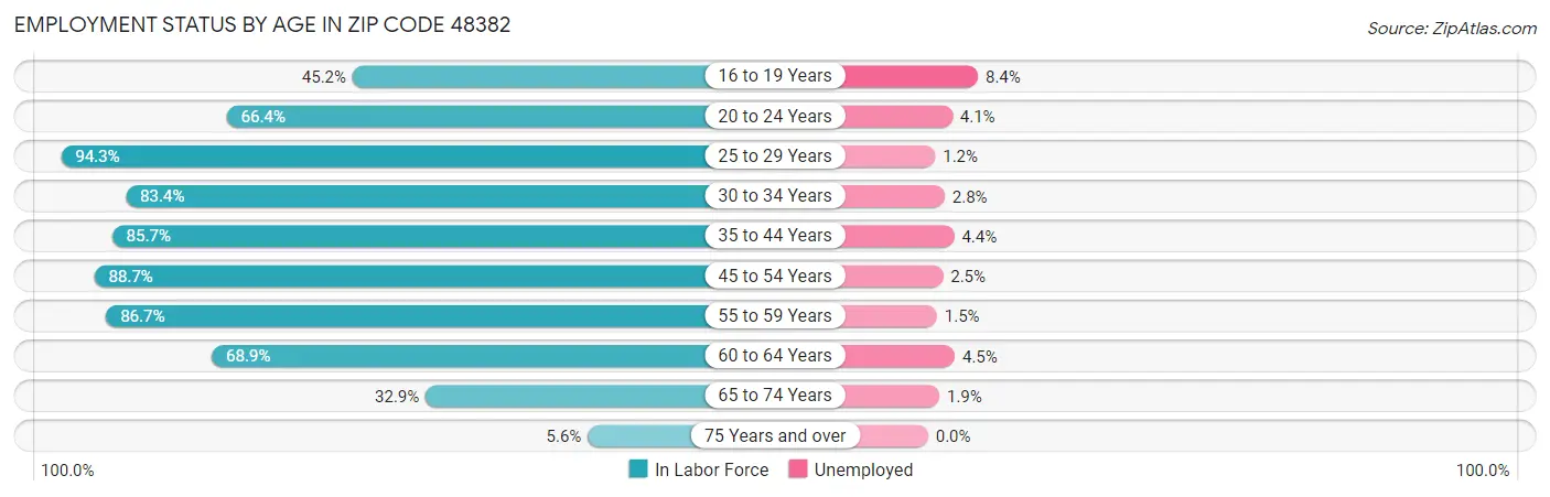 Employment Status by Age in Zip Code 48382