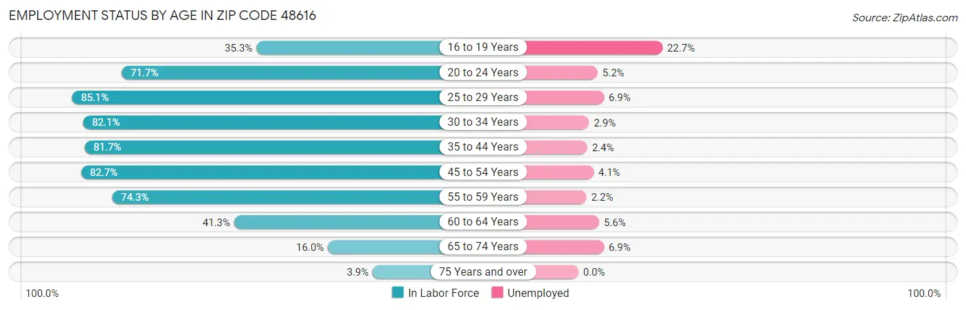 Employment Status by Age in Zip Code 48616